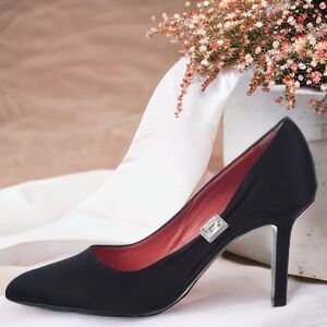 Judith Leiber Stunning Black Satin‎ Crystal Embellished Accent Pumps Size 9